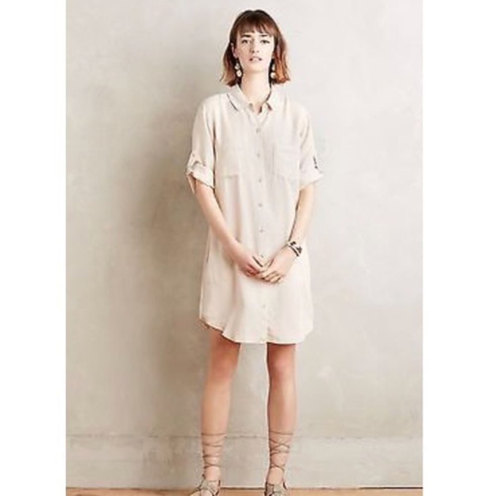 Anthropologie Cloth & Stone Khaki 3/4 Sleeve Shirt Dress 100% Tencel